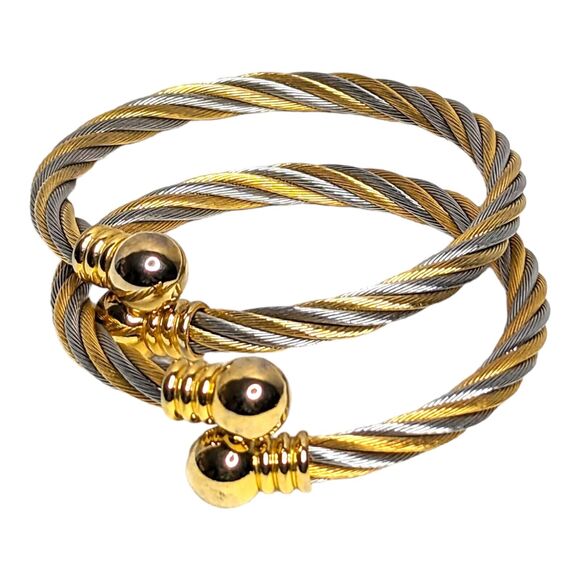 Set of 2 Two Tone Twisted Gold Silver Bracelets Celtic Stainless Steel Cuffs - Picture 6 of 6